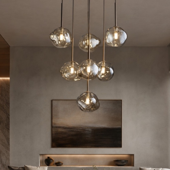 Lampadario a sospensioni in vetro cognac pendenti design moderno per soggiorno